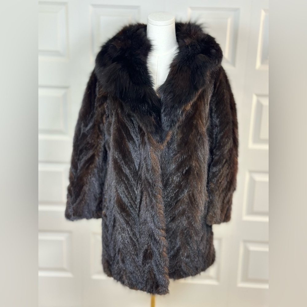 Chevron Mink Fur Coat w/ Fox Collar